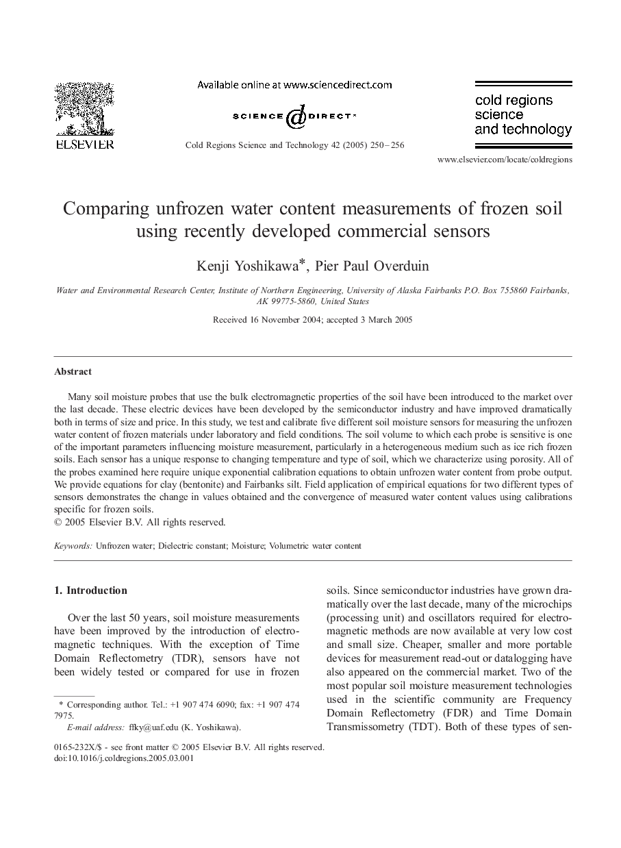 Comparing unfrozen water content measurements of frozen soil using recently developed commercial sensors