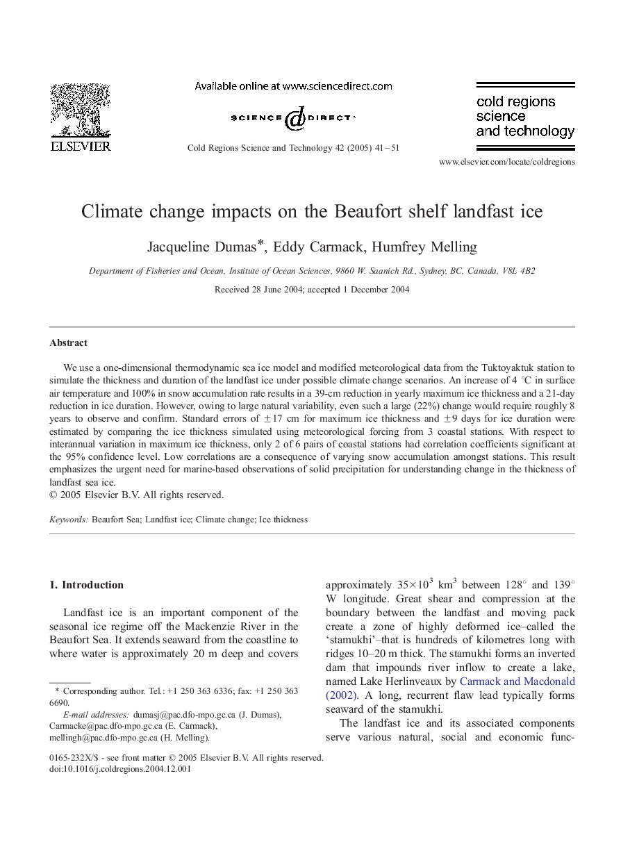 Climate change impacts on the Beaufort shelf landfast ice