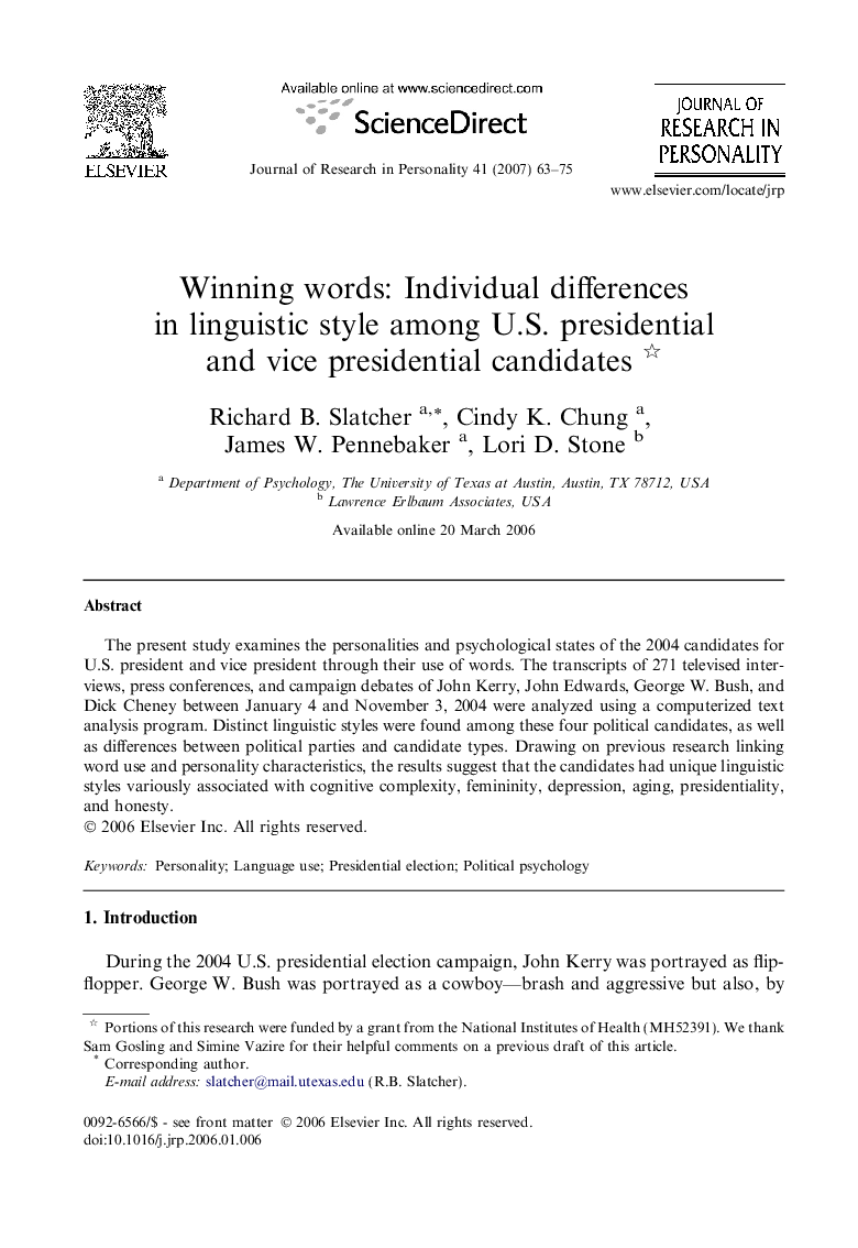 Winning words: Individual differences in linguistic style among U.S. presidential and vice presidential candidates 