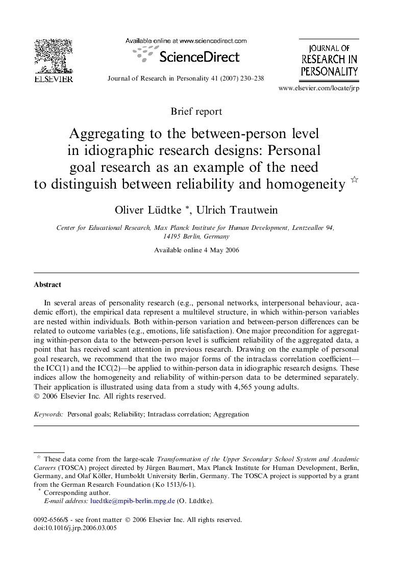 Aggregating to the between-person level in idiographic research designs: Personal goal research as an example of the need to distinguish between reliability and homogeneity 