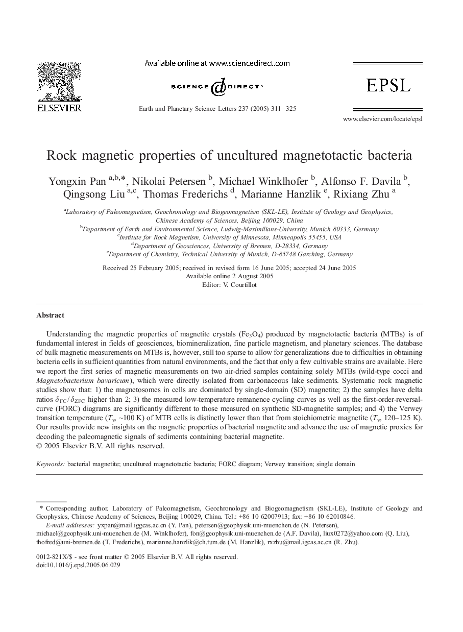 Rock magnetic properties of uncultured magnetotactic bacteria