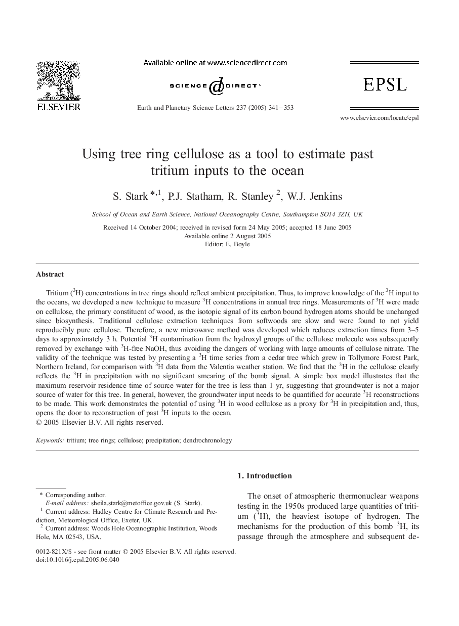 Using tree ring cellulose as a tool to estimate past tritium inputs to the ocean