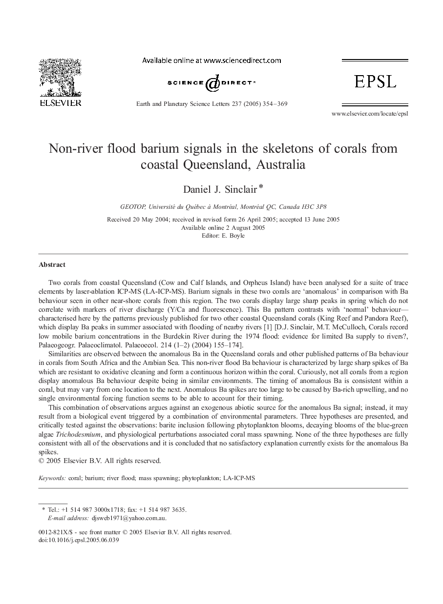 Non-river flood barium signals in the skeletons of corals from coastal Queensland, Australia