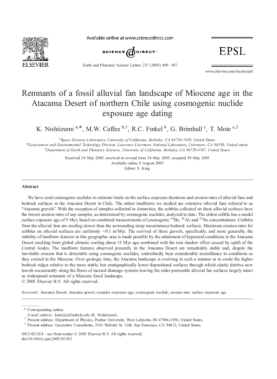 Remnants of a fossil alluvial fan landscape of Miocene age in the Atacama Desert of northern Chile using cosmogenic nuclide exposure age dating