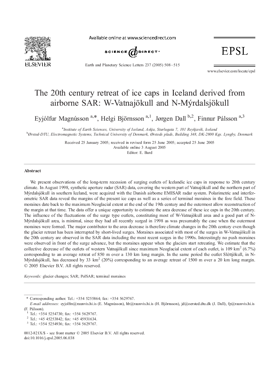 The 20th century retreat of ice caps in Iceland derived from airborne SAR: W-Vatnajökull and N-MÃ½rdalsjökull