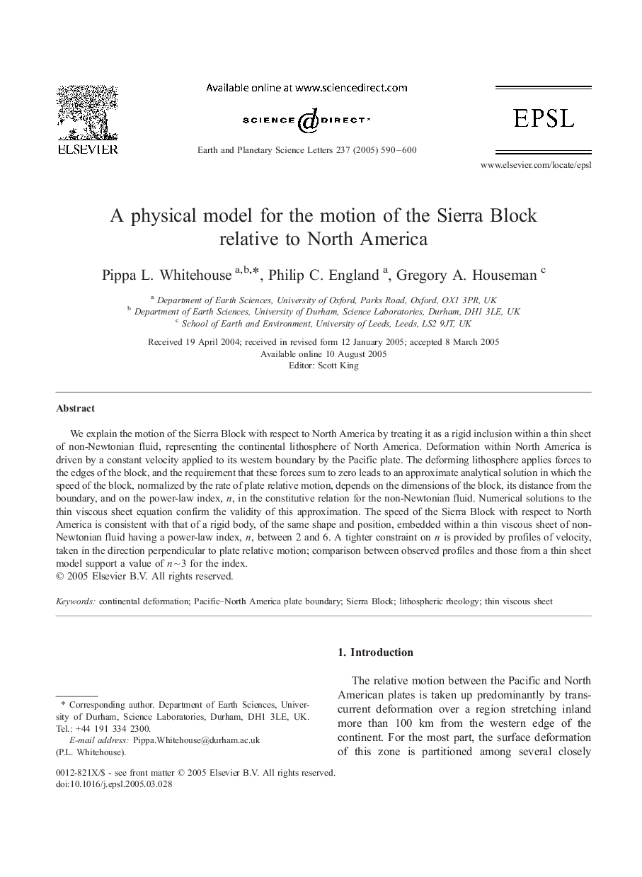 A physical model for the motion of the Sierra Block relative to North America