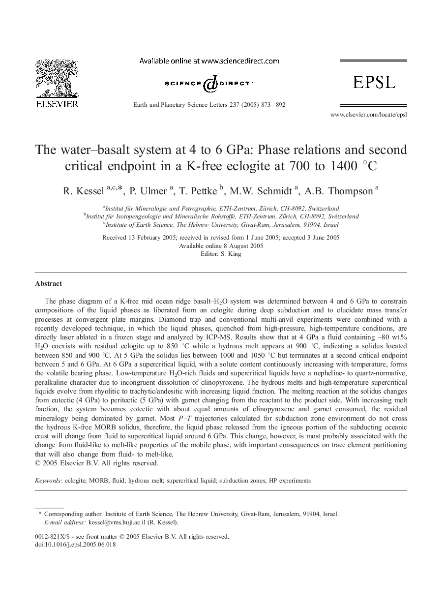The water-basalt system at 4 to 6 GPa: Phase relations and second critical endpoint in a K-free eclogite at 700 to 1400 Â°C