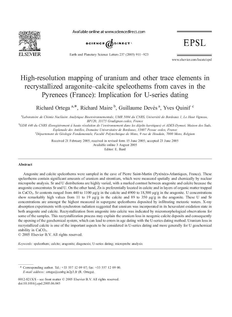 High-resolution mapping of uranium and other trace elements in recrystallized aragonite-calcite speleothems from caves in the Pyrenees (France): Implication for U-series dating