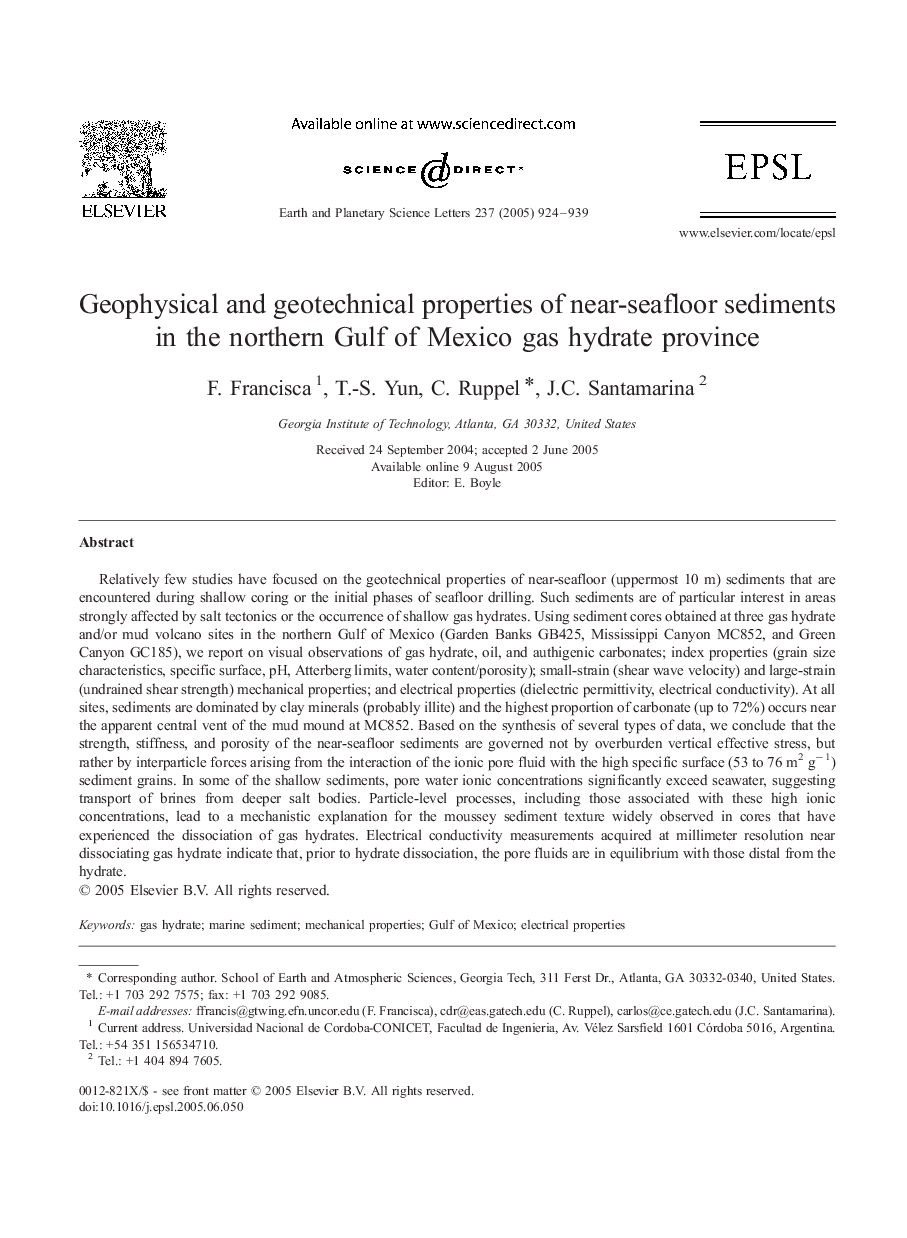 Geophysical and geotechnical properties of near-seafloor sediments in the northern Gulf of Mexico gas hydrate province