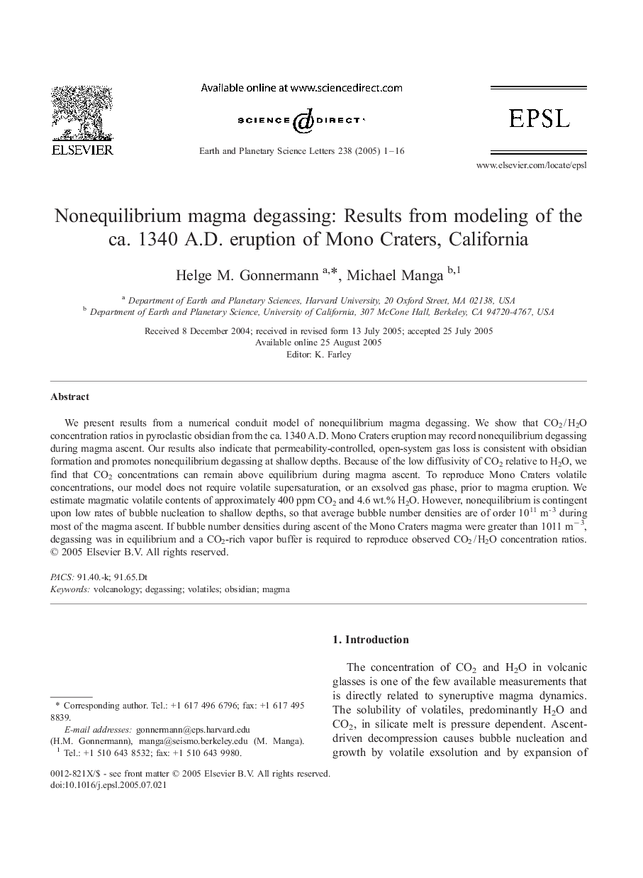 Nonequilibrium magma degassing: Results from modeling of the ca. 1340 A.D. eruption of Mono Craters, California