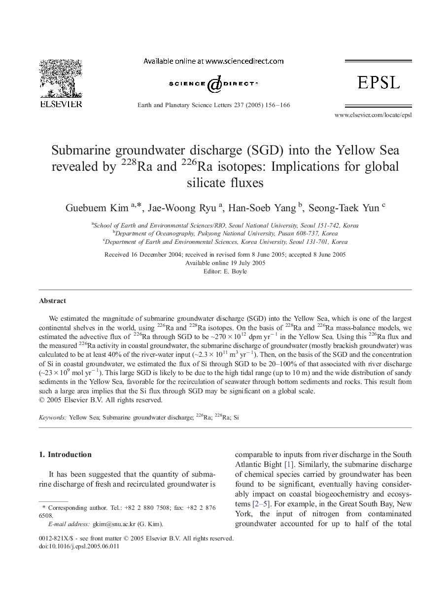 Submarine groundwater discharge (SGD) into the Yellow Sea revealed by 228Ra and 226Ra isotopes: Implications for global silicate fluxes