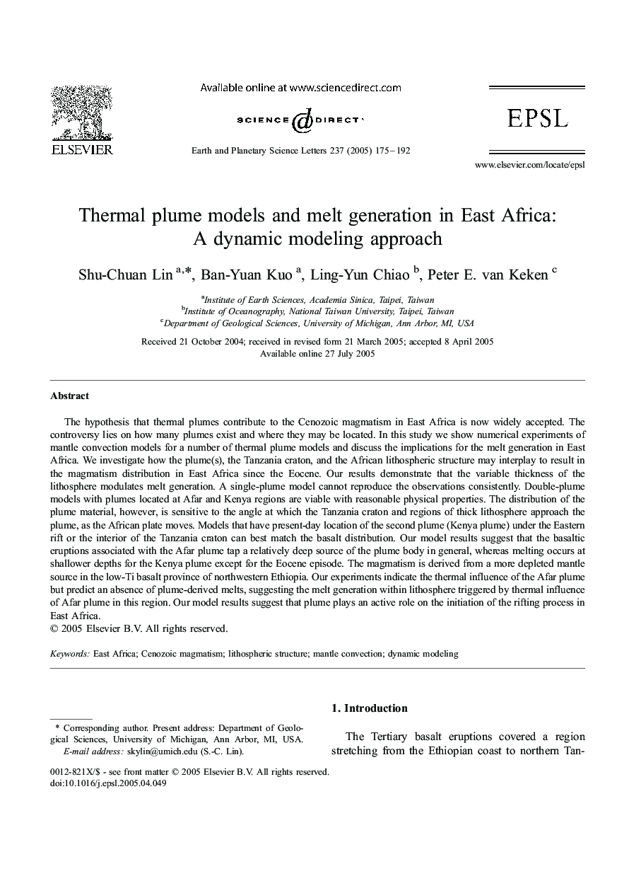 Thermal plume models and melt generation in East Africa: A dynamic modeling approach