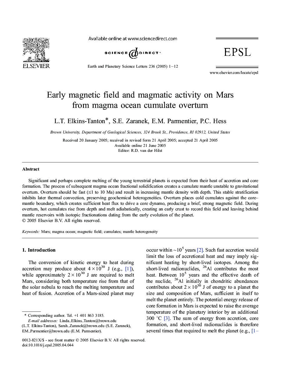 Early magnetic field and magmatic activity on Mars from magma ocean cumulate overturn