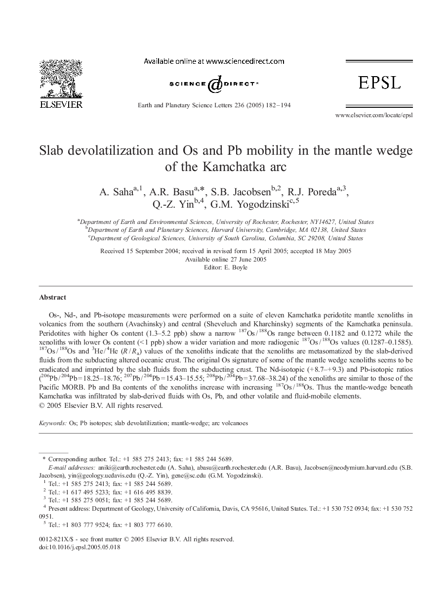 Slab devolatilization and Os and Pb mobility in the mantle wedge of the Kamchatka arc