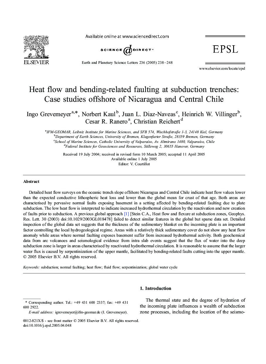 Heat flow and bending-related faulting at subduction trenches: Case studies offshore of Nicaragua and Central Chile