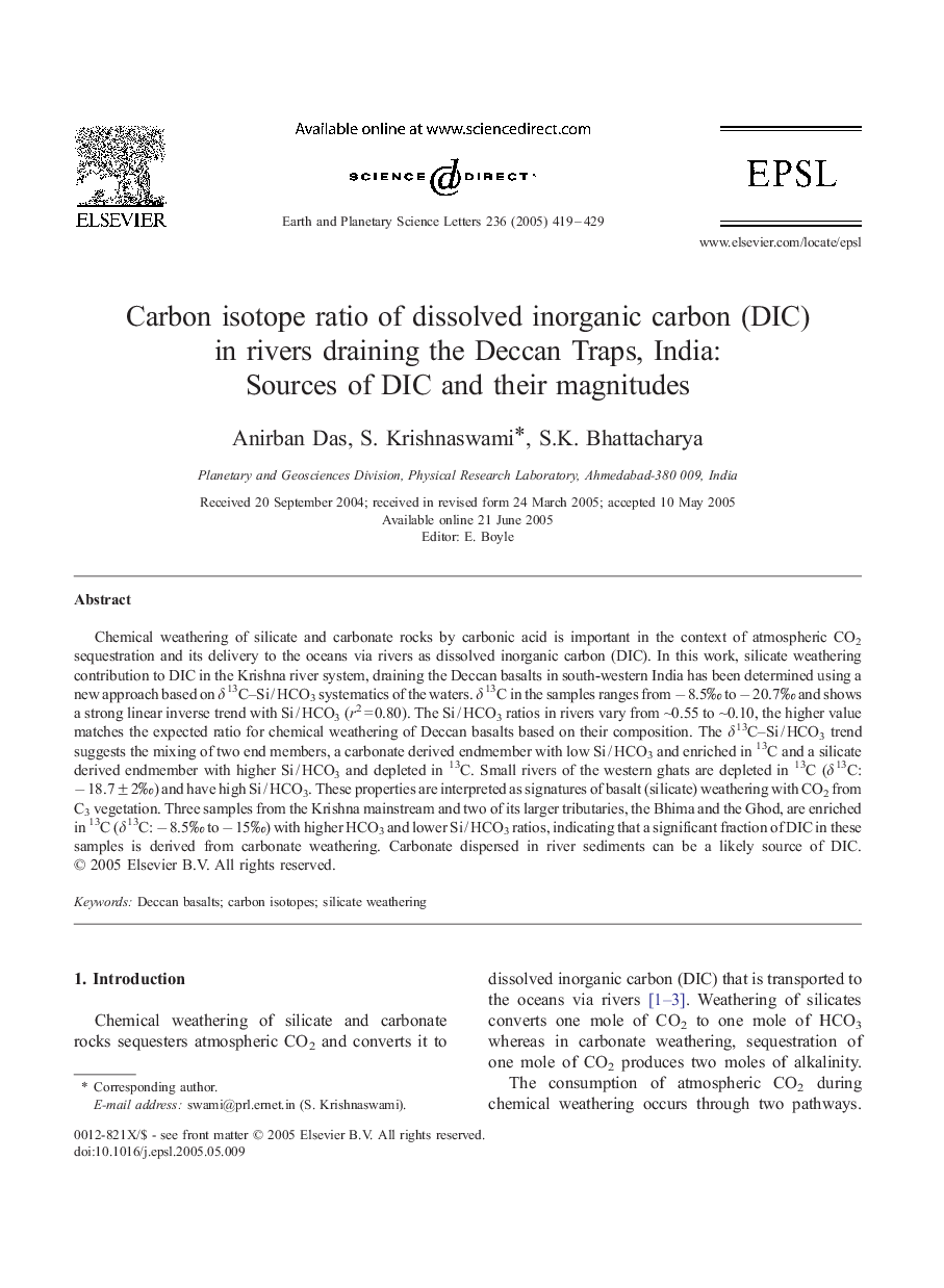 Carbon isotope ratio of dissolved inorganic carbon (DIC) in rivers draining the Deccan Traps, India: Sources of DIC and their magnitudes