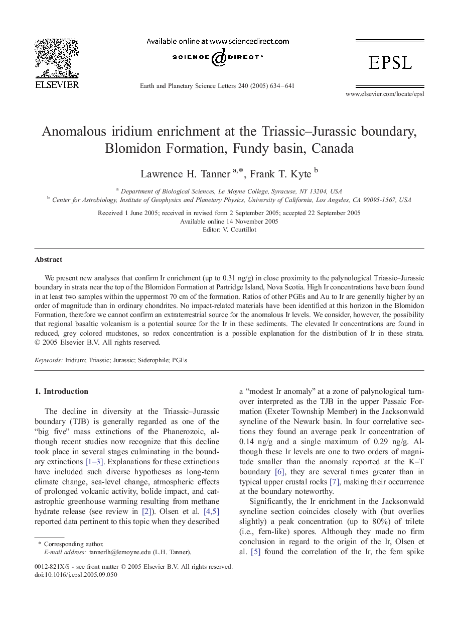 Anomalous iridium enrichment at the Triassic-Jurassic boundary, Blomidon Formation, Fundy basin, Canada