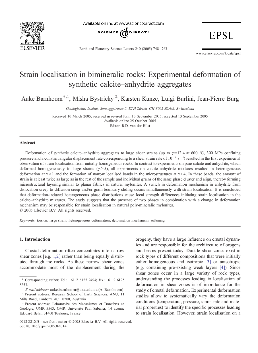 Strain localisation in bimineralic rocks: Experimental deformation of synthetic calcite-anhydrite aggregates