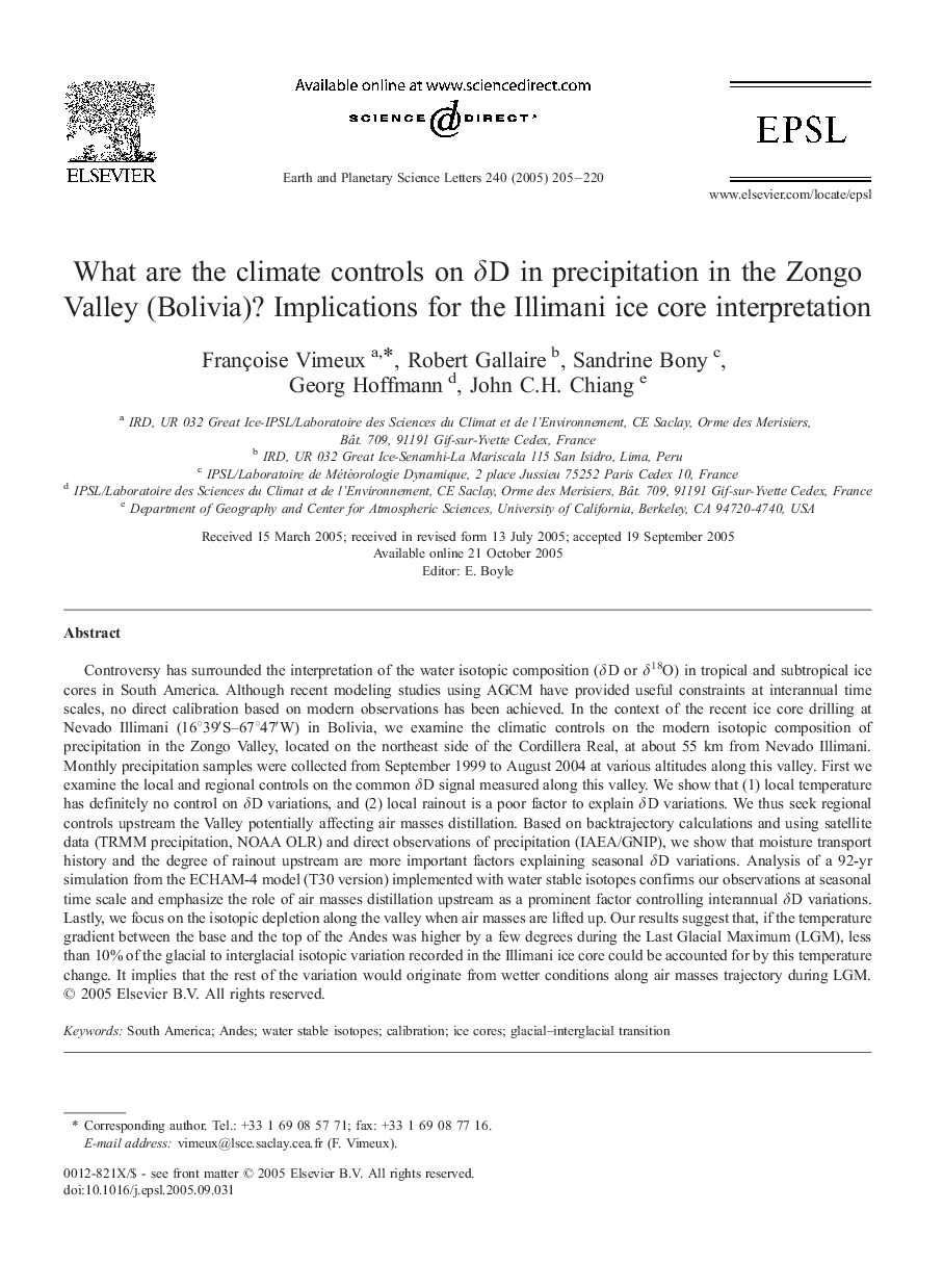 What are the climate controls on Î´D in precipitation in the Zongo Valley (Bolivia)? Implications for the Illimani ice core interpretation