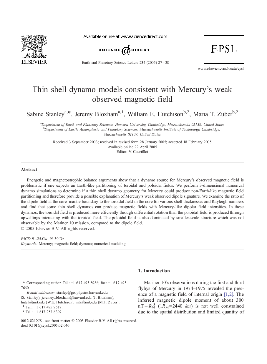 Thin shell dynamo models consistent with Mercury's weak observed magnetic field