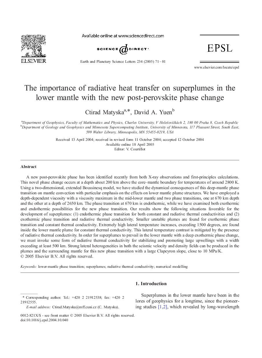 The importance of radiative heat transfer on superplumes in the lower mantle with the new post-perovskite phase change