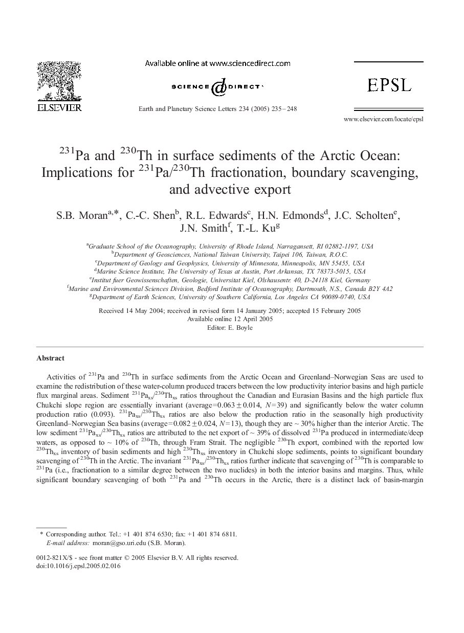 231Pa and 230Th in surface sediments of the Arctic Ocean: Implications for 231Pa/230Th fractionation, boundary scavenging, and advective export