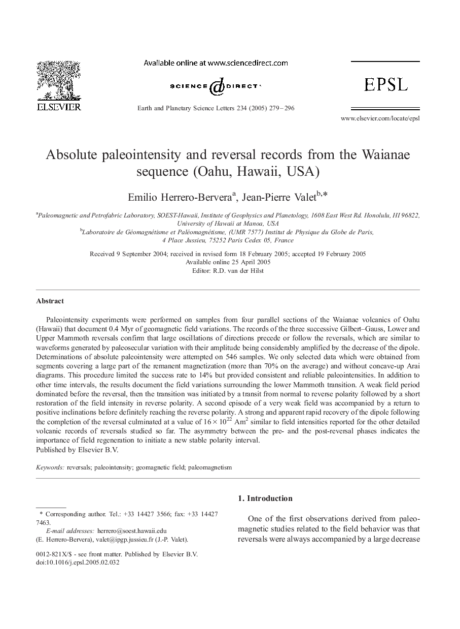 Absolute paleointensity and reversal records from the Waianae sequence (Oahu, Hawaii, USA)