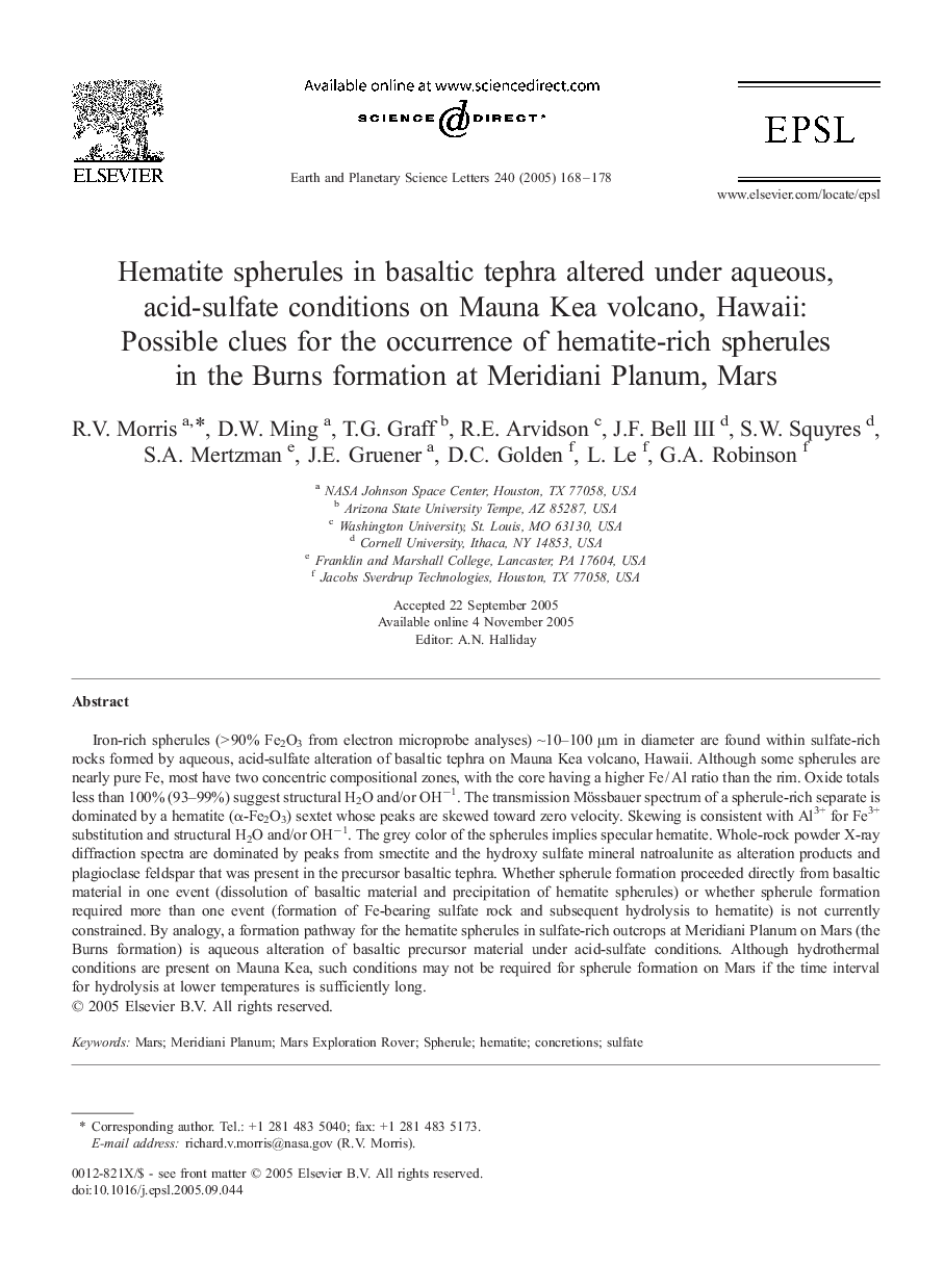 Hematite spherules in basaltic tephra altered under aqueous, acid-sulfate conditions on Mauna Kea volcano, Hawaii: Possible clues for the occurrence of hematite-rich spherules in the Burns formation at Meridiani Planum, Mars