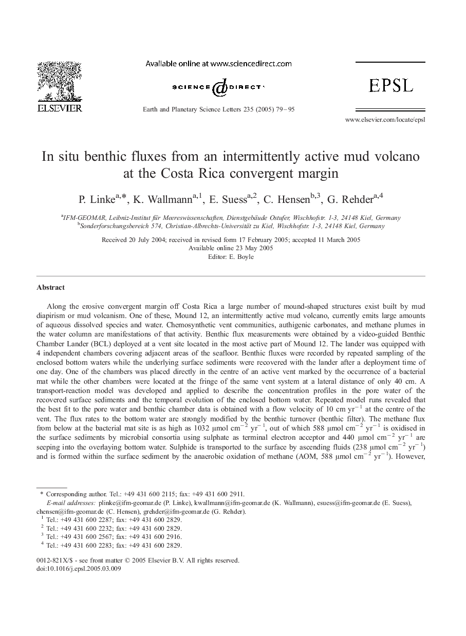 In situ benthic fluxes from an intermittently active mud volcano at the Costa Rica convergent margin