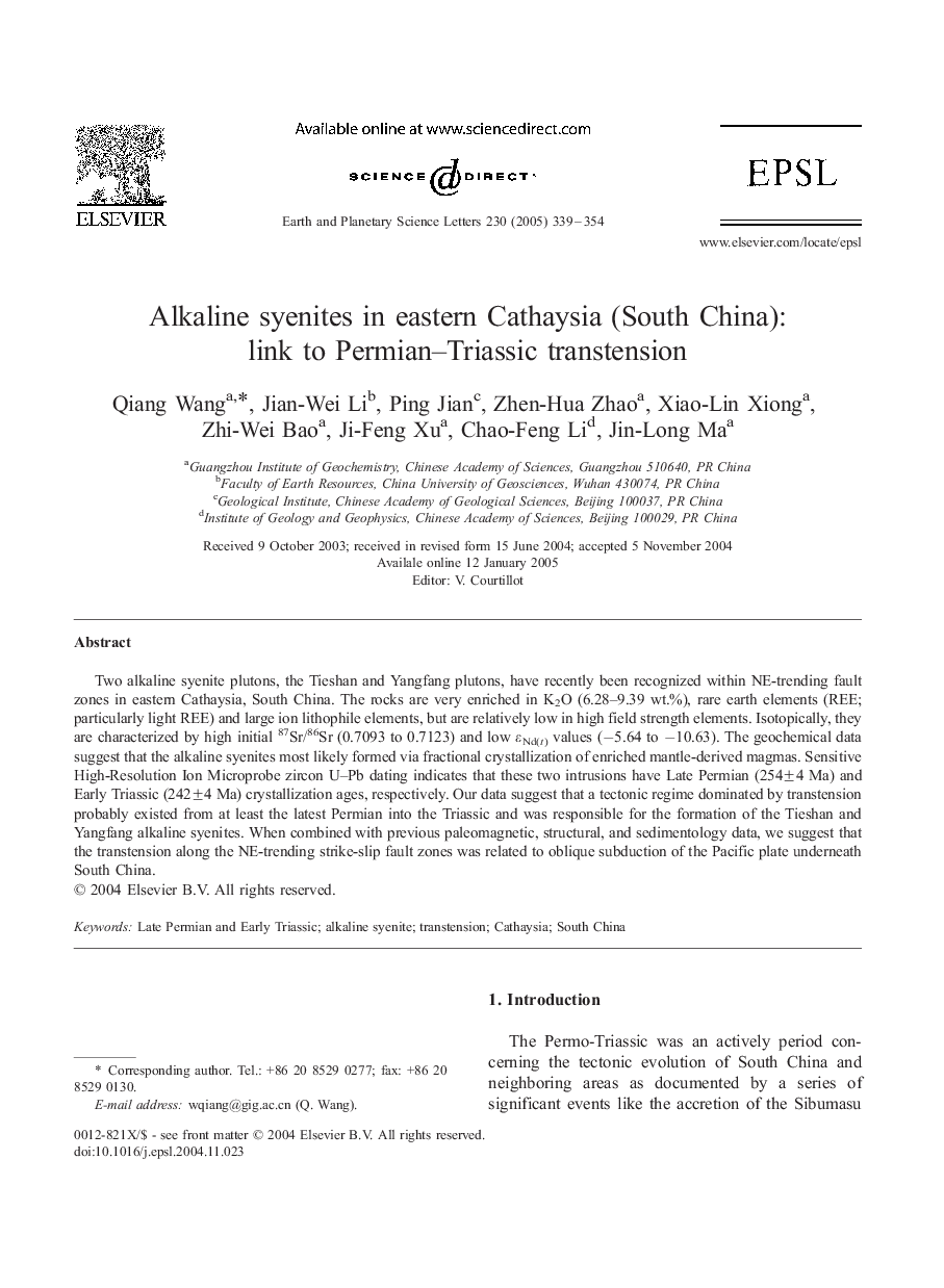 Alkaline syenites in eastern Cathaysia (South China): link to Permian-Triassic transtension