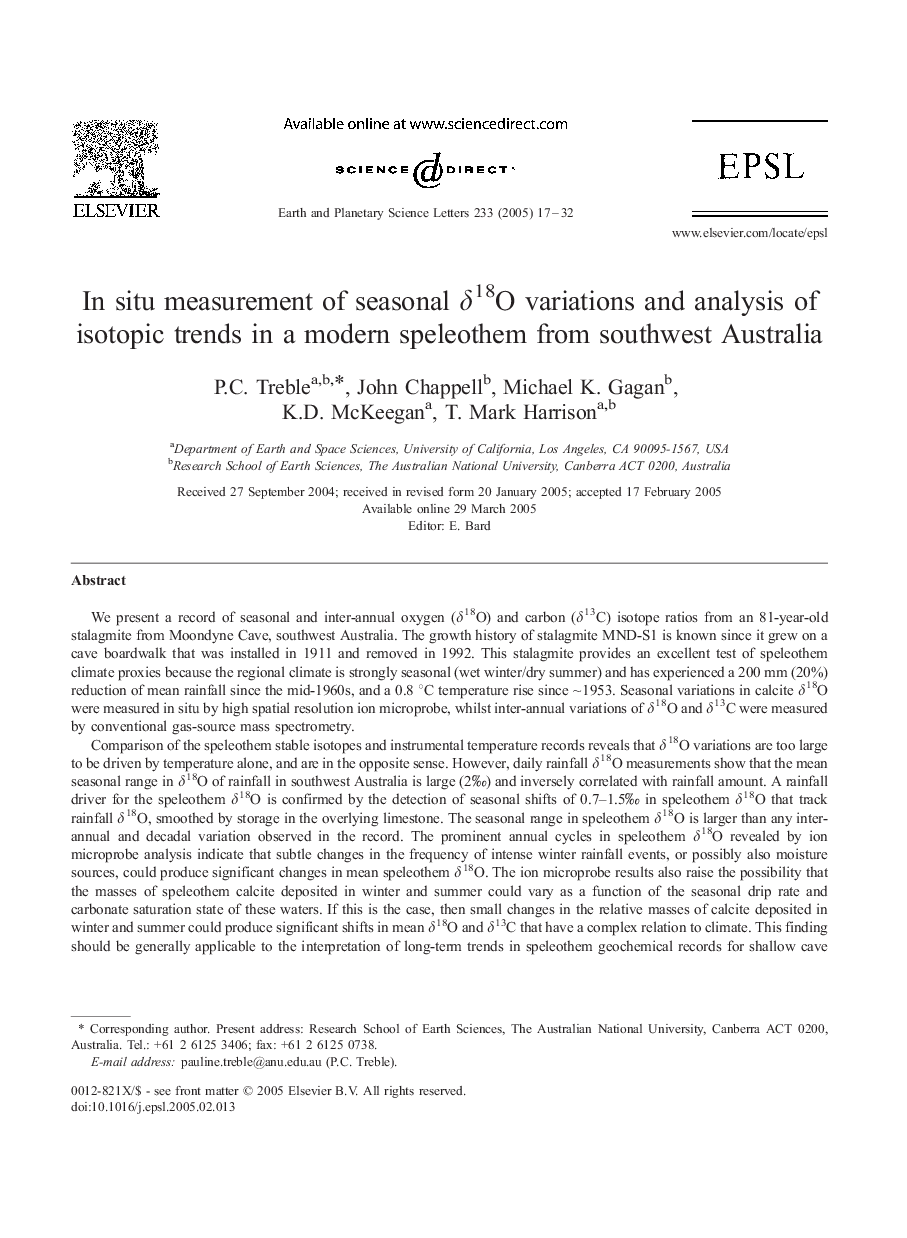 In situ measurement of seasonal Î´18O variations and analysis of isotopic trends in a modern speleothem from southwest Australia