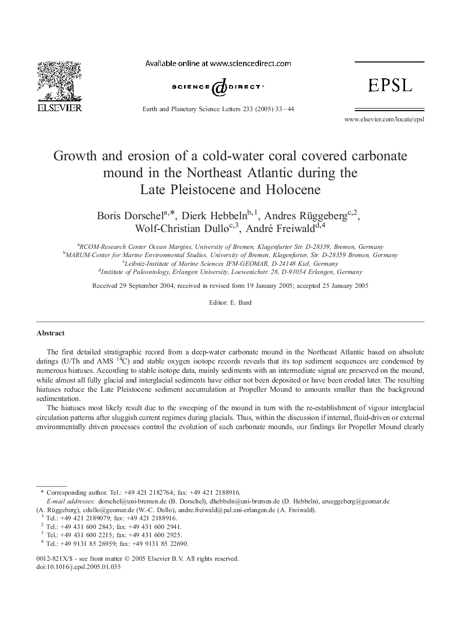 Growth and erosion of a cold-water coral covered carbonate mound in the Northeast Atlantic during the Late Pleistocene and Holocene