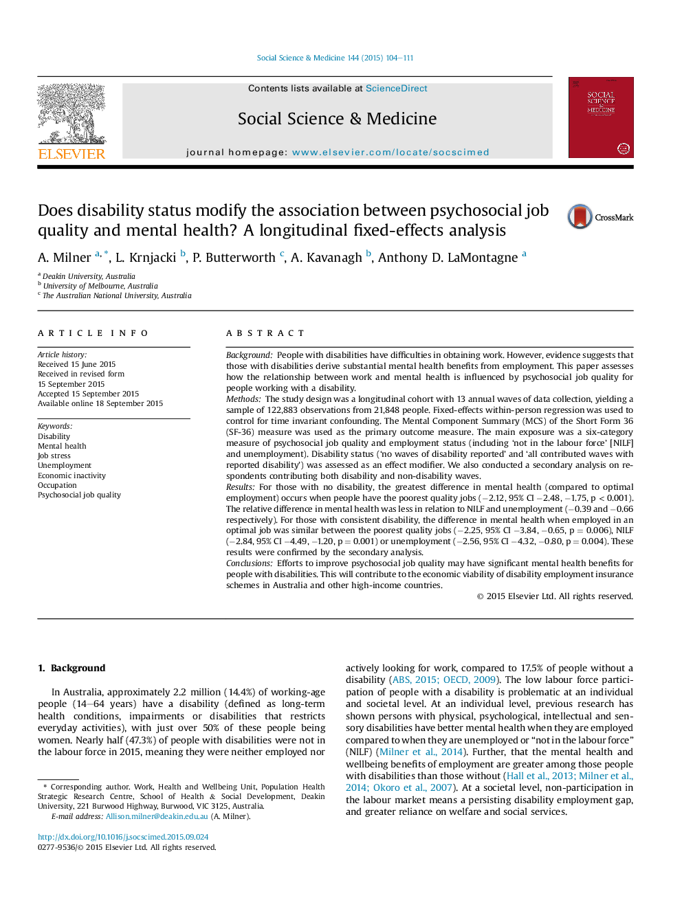 Does disability status modify the association between psychosocial job quality and mental health? A longitudinal fixed-effects analysis