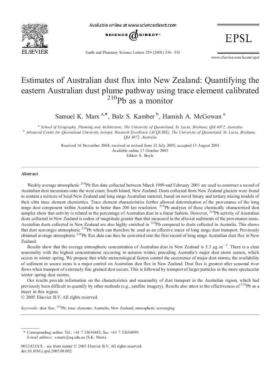 Estimates of Australian dust flux into New Zealand: Quantifying the eastern Australian dust plume pathway using trace element calibrated 210Pb as a monitor