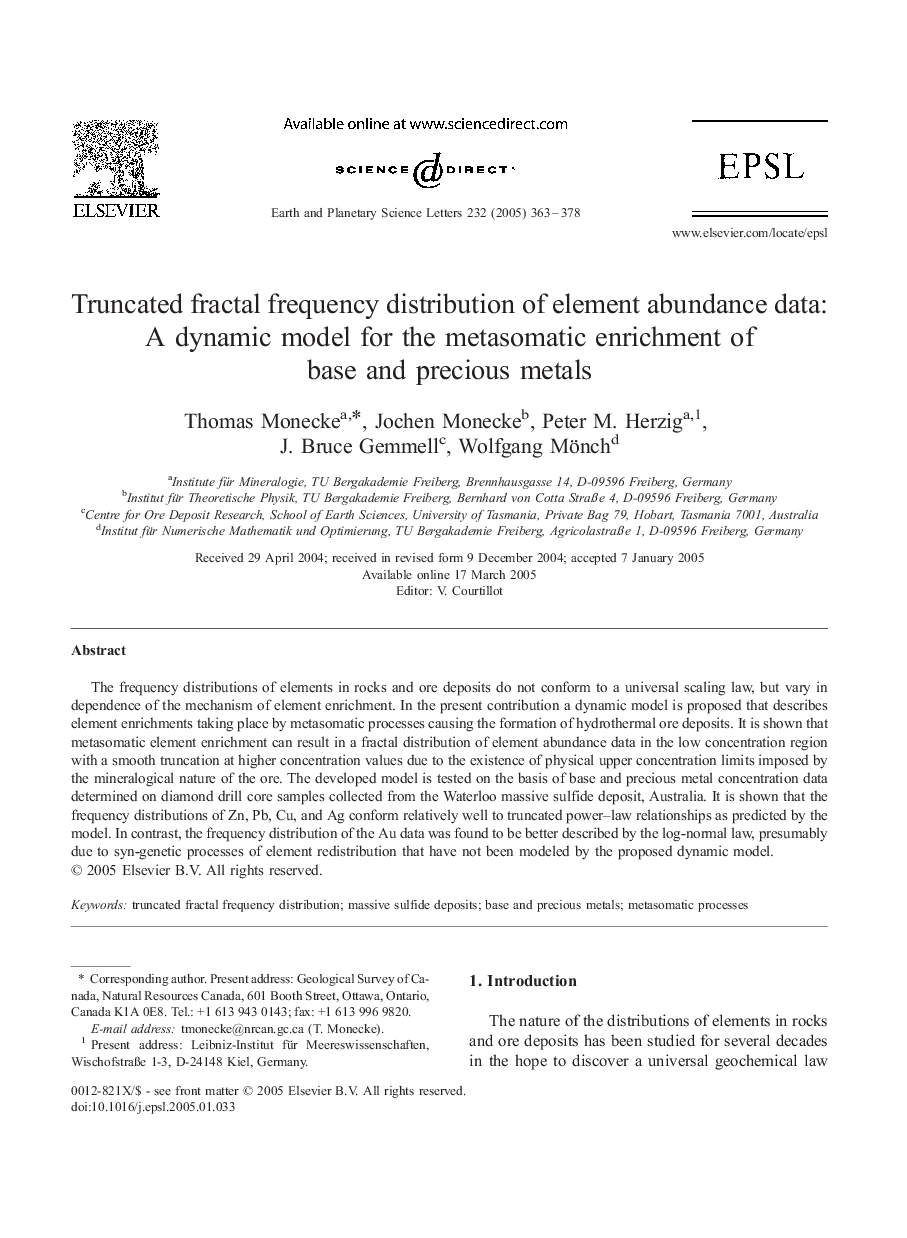 Truncated fractal frequency distribution of element abundance data: A dynamic model for the metasomatic enrichment of base and precious metals