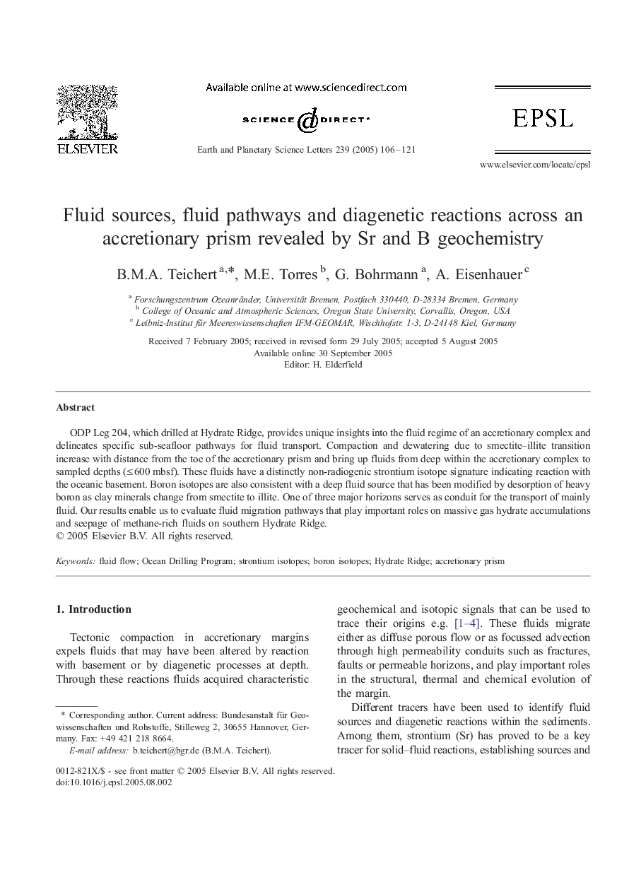 Fluid sources, fluid pathways and diagenetic reactions across an accretionary prism revealed by Sr and B geochemistry