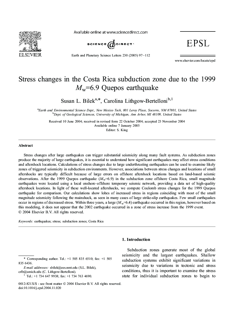 Stress changes in the Costa Rica subduction zone due to the 1999 Mw=6.9 Quepos earthquake
