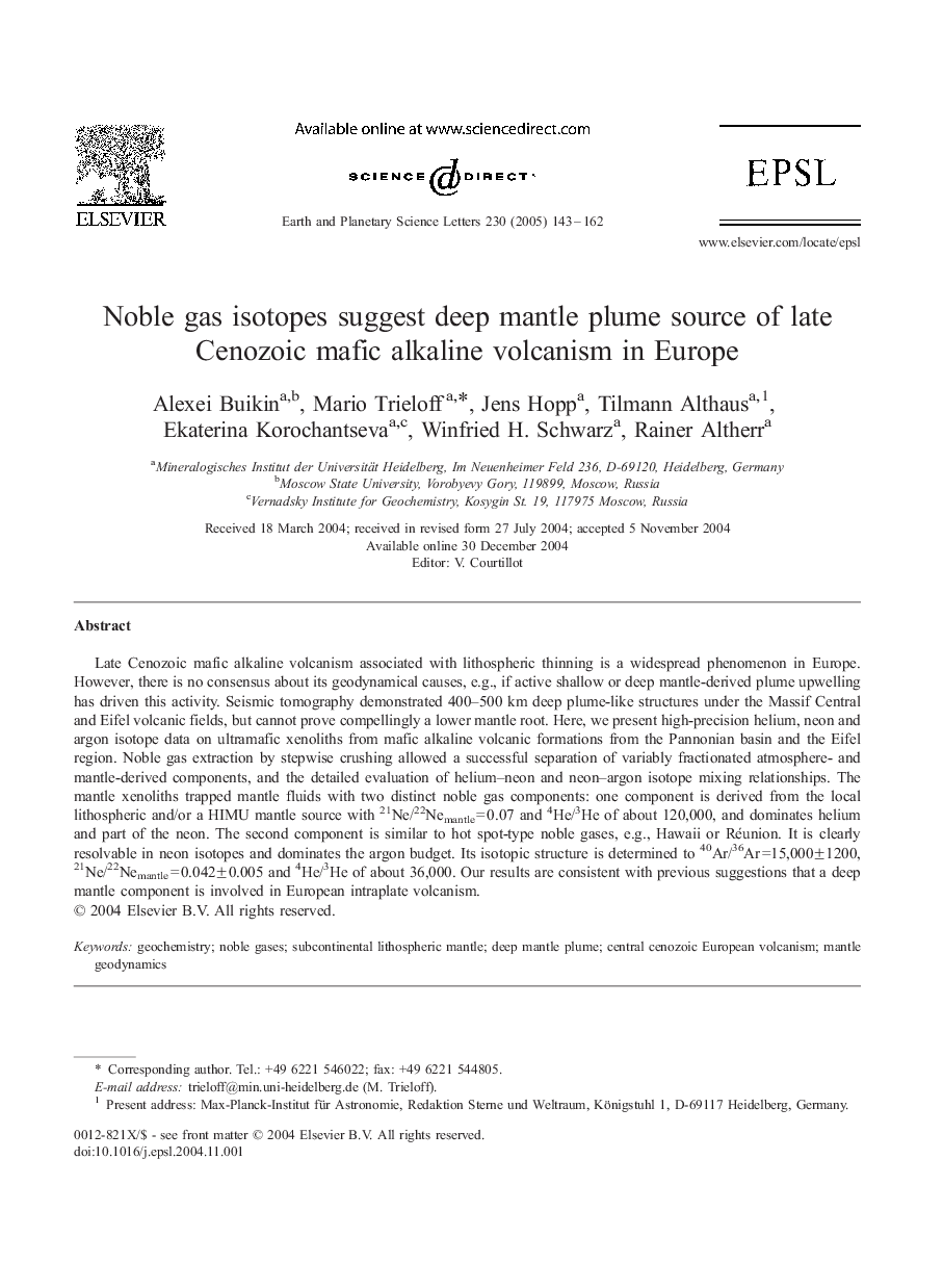 Noble gas isotopes suggest deep mantle plume source of late Cenozoic mafic alkaline volcanism in Europe