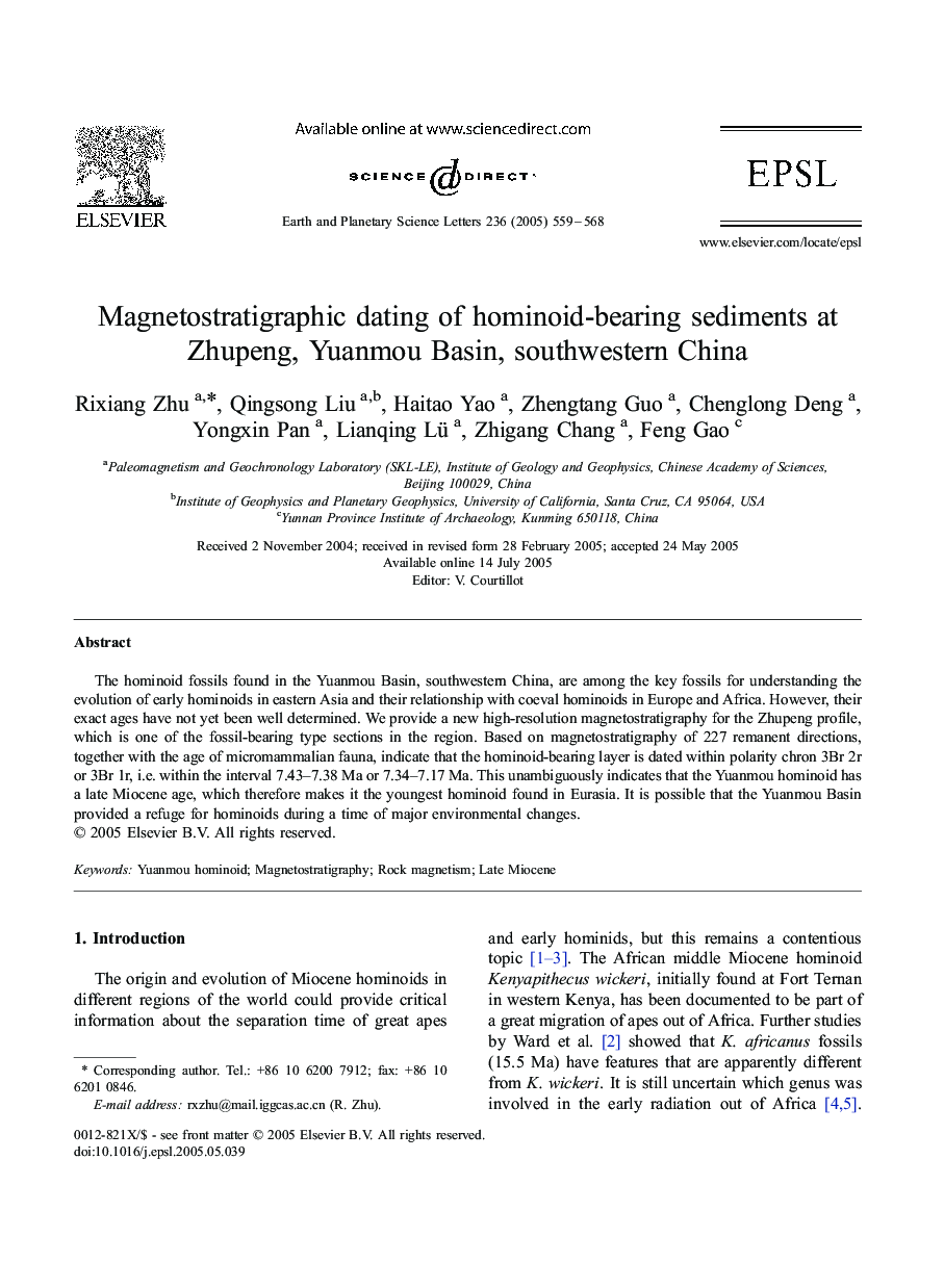 Magnetostratigraphic dating of hominoid-bearing sediments at Zhupeng, Yuanmou Basin, southwestern China