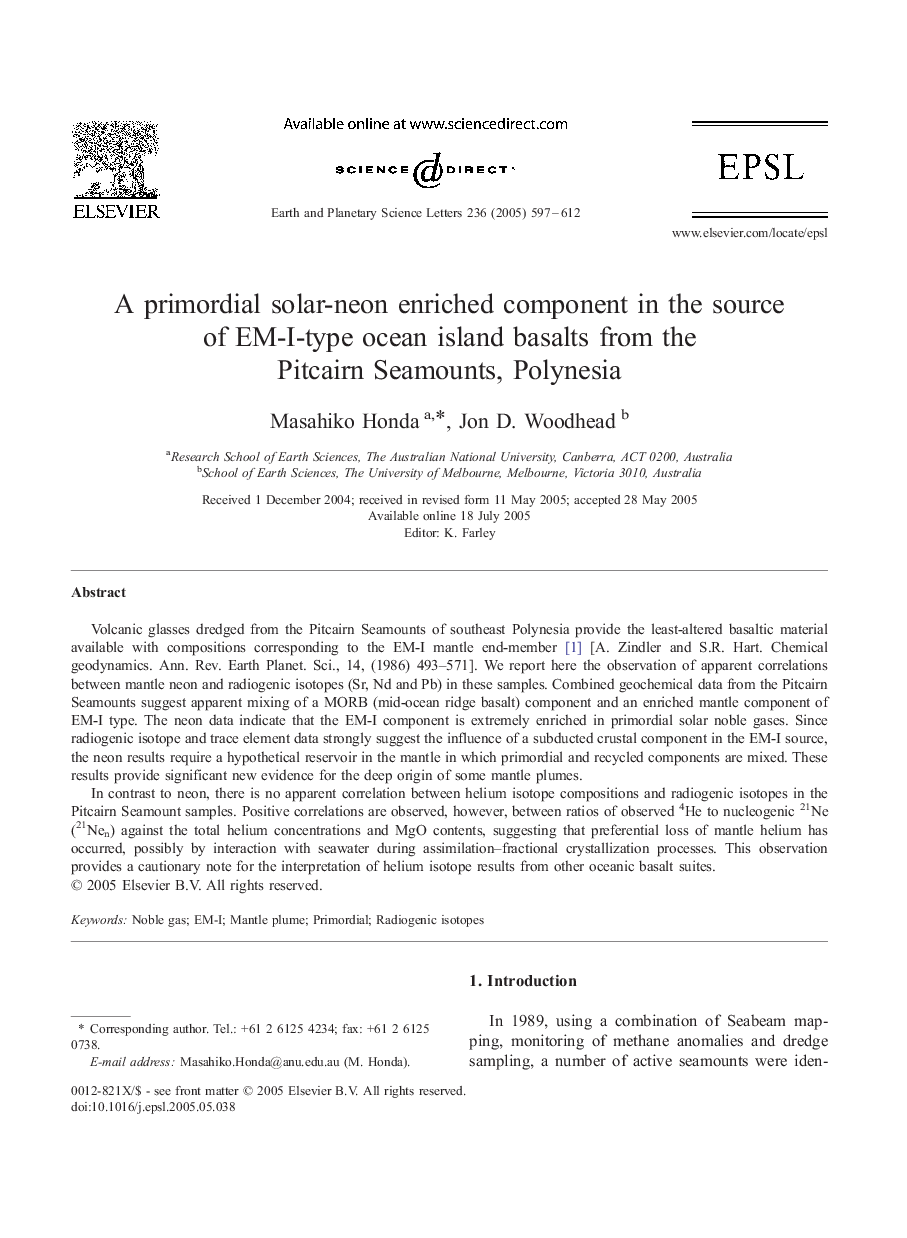 A primordial solar-neon enriched component in the source of EM-I-type ocean island basalts from the Pitcairn Seamounts, Polynesia