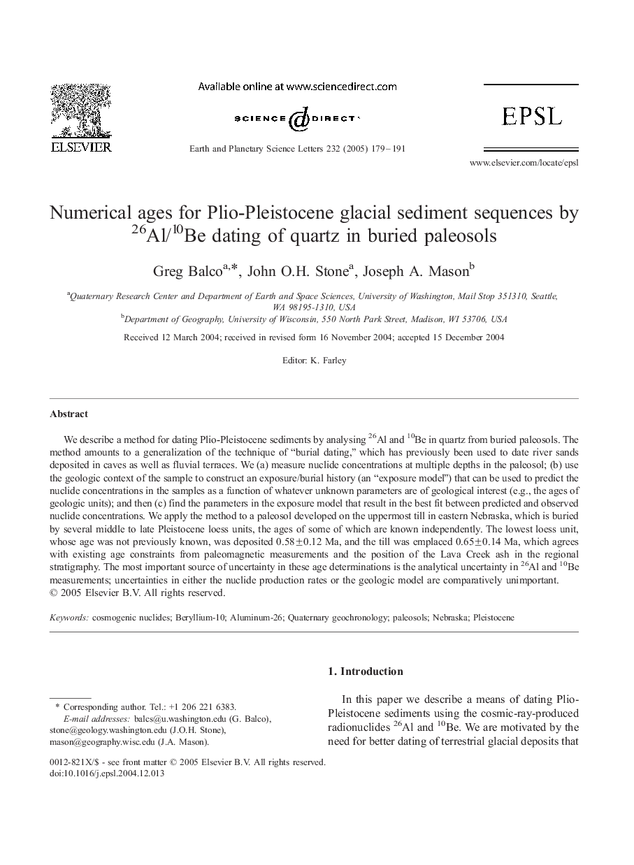 Numerical ages for Plio-Pleistocene glacial sediment sequences by 26Al/10Be dating of quartz in buried paleosols