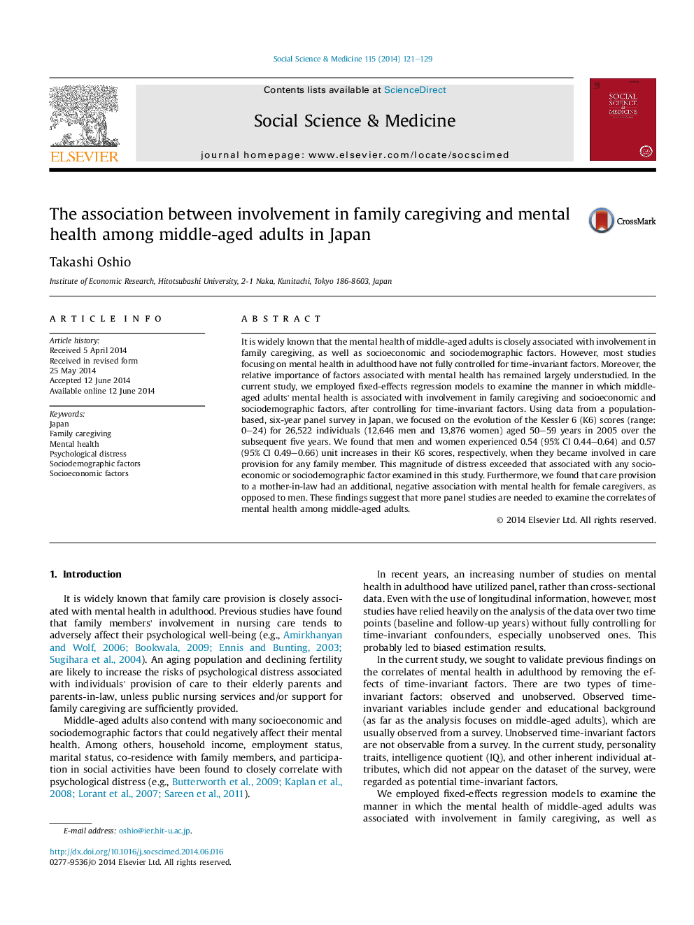 The association between involvement in family caregiving and mental health among middle-aged adults in Japan