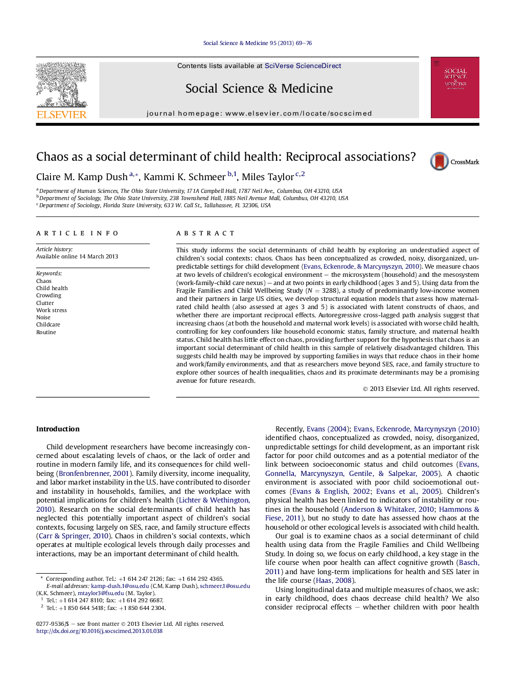 Chaos as a social determinant of child health: Reciprocal associations?