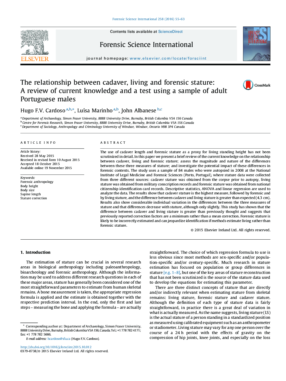 The relationship between cadaver, living and forensic stature: A review of current knowledge and a test using a sample of adult Portuguese males