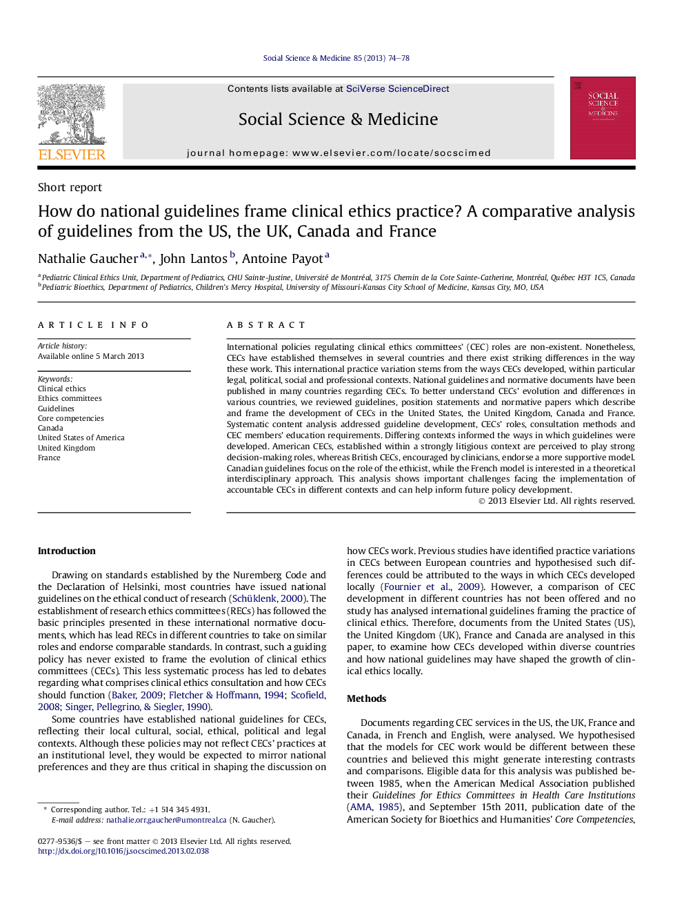 How do national guidelines frame clinical ethics practice? A comparative analysis of guidelines from the US, the UK, Canada and France