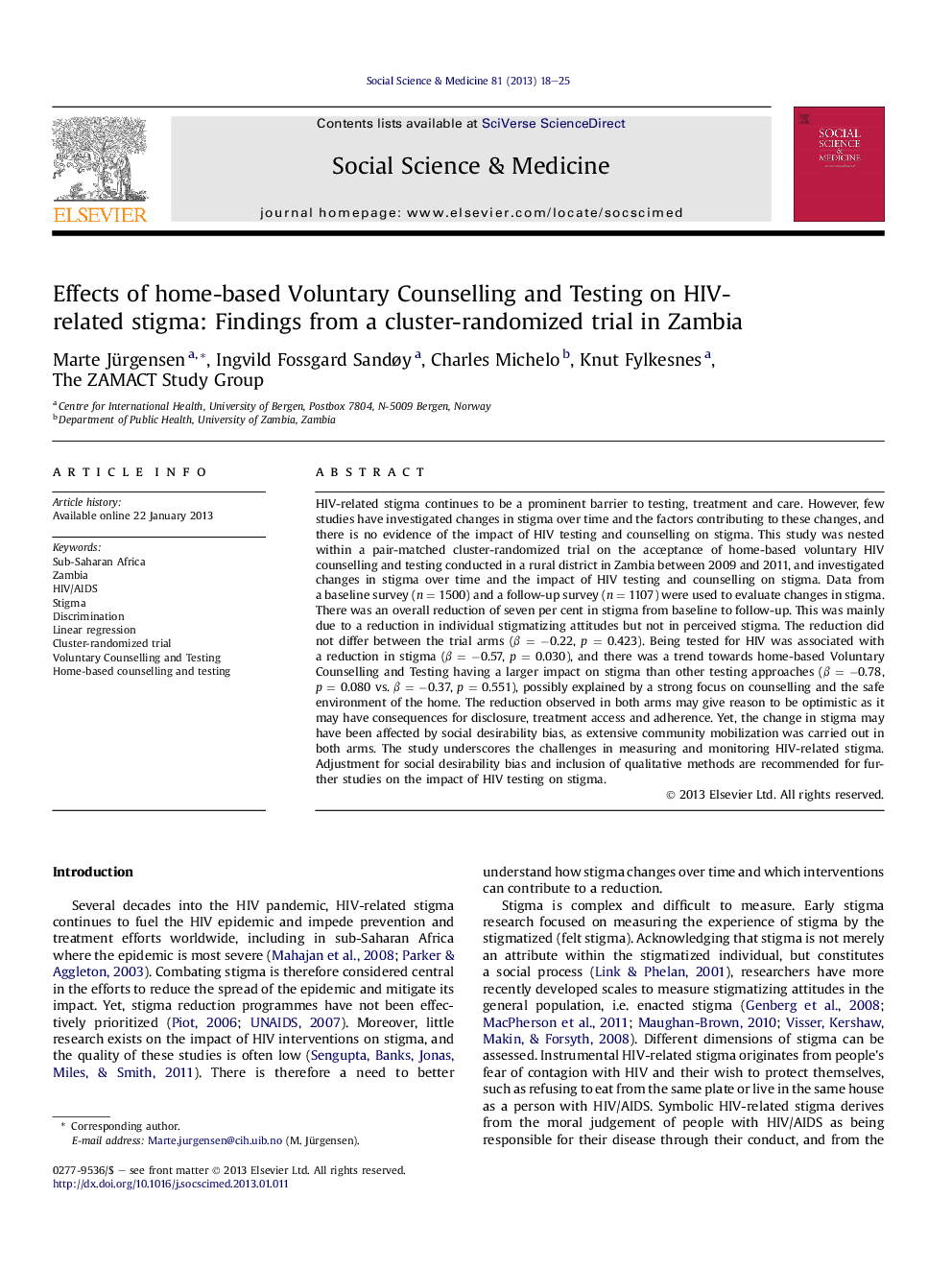 Effects of home-based Voluntary Counselling and Testing on HIV-related stigma: Findings from a cluster-randomized trial in Zambia