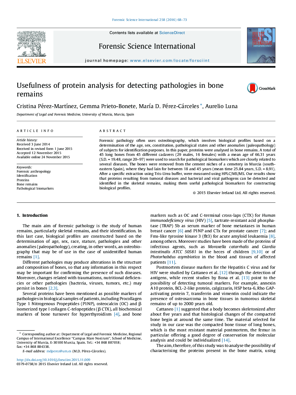 Usefulness of protein analysis for detecting pathologies in bone remains