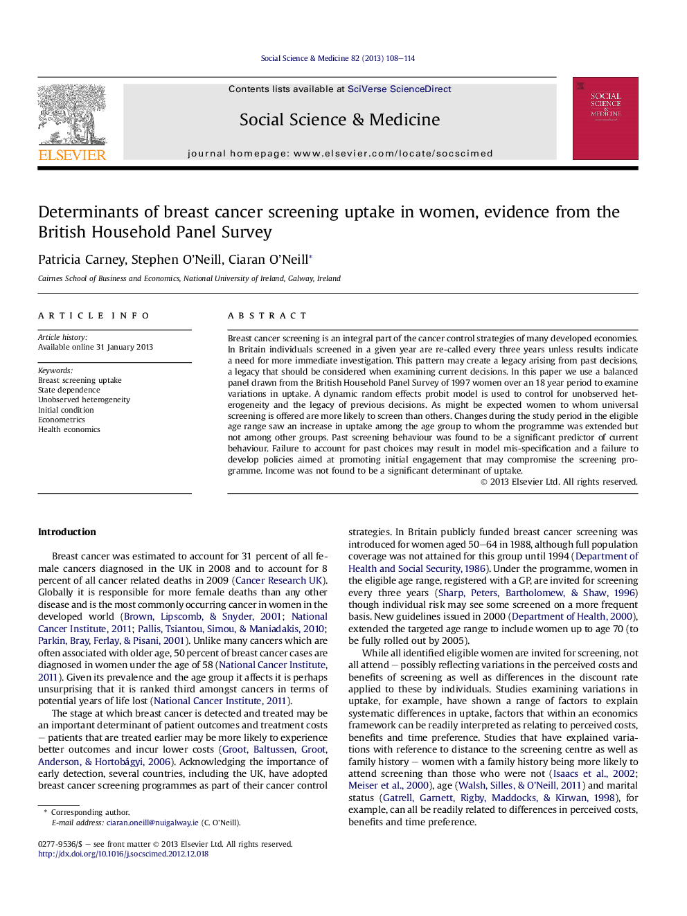 Determinants of breast cancer screening uptake in women, evidence from the British Household Panel Survey