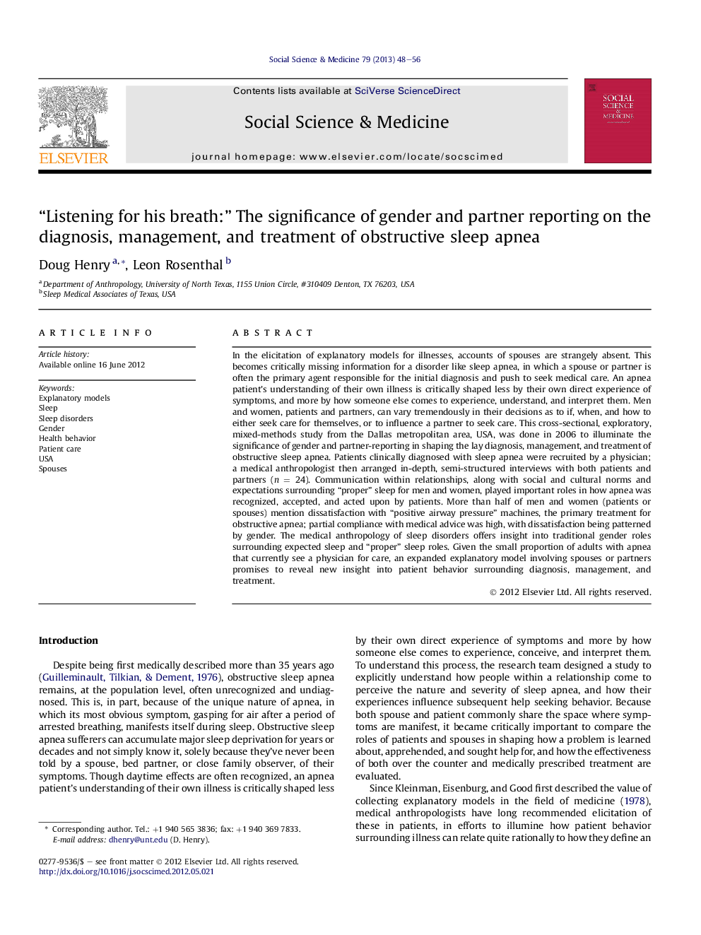 “Listening for his breath:” The significance of gender and partner reporting on the diagnosis, management, and treatment of obstructive sleep apnea