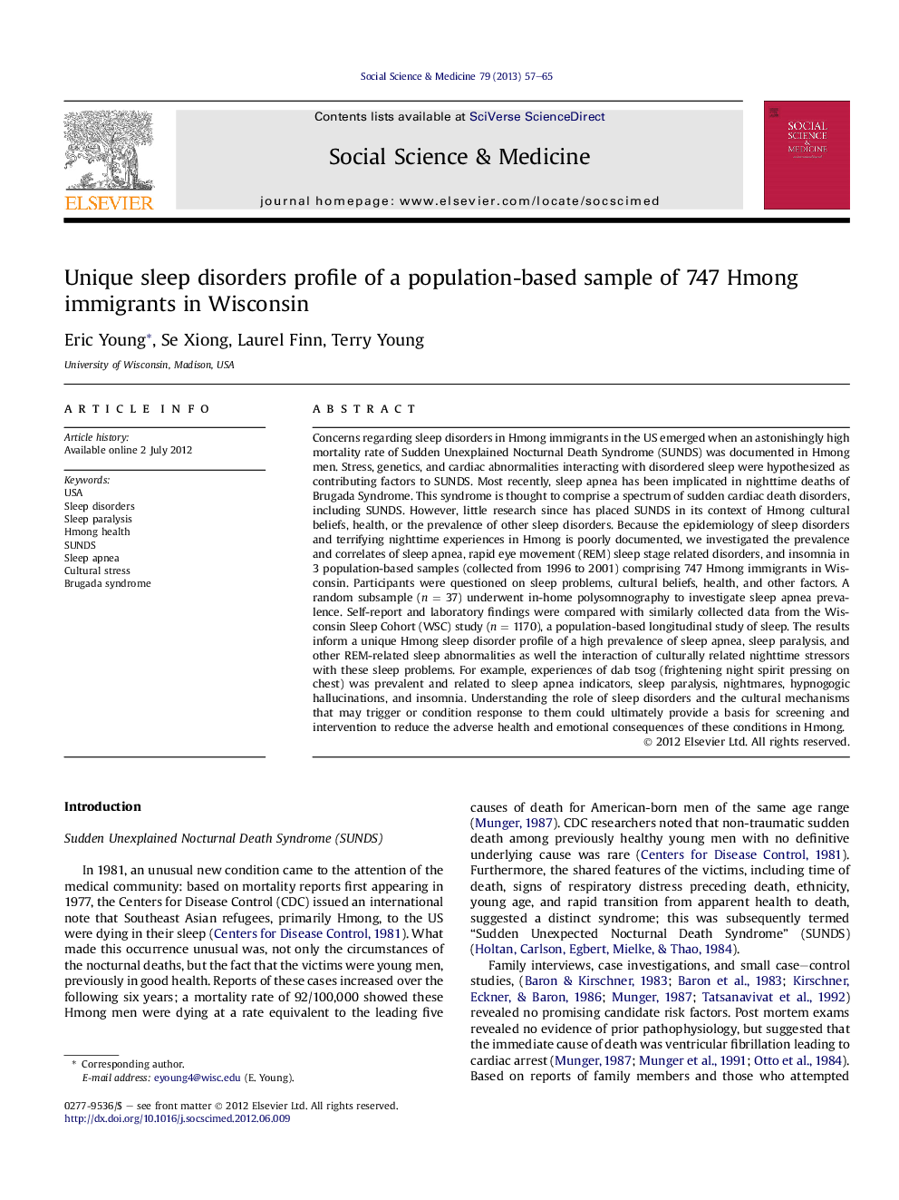 Unique sleep disorders profile of a population-based sample of 747 Hmong immigrants in Wisconsin